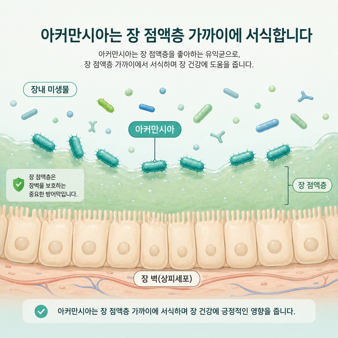장 점액층 가까이에 아커만시아를 포함한 장내 미생물이 자리한 모습