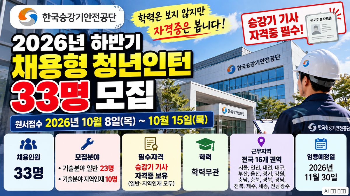 한국승강기안전공단 채용형 청년인턴 33명 모집과 승강기 기사 필수자격을 안내하는 이미지