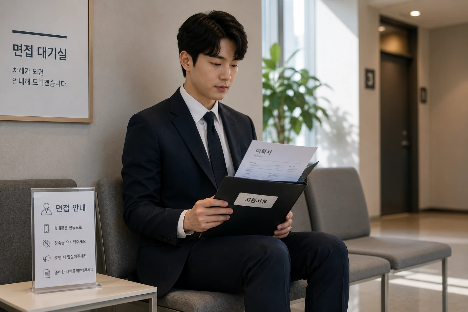 면접 대기실에서 서류를 확인하는 청년