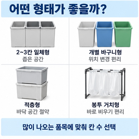 2칸 3칸 일체형 개별 바구니형 적층형 봉투 거치형 재활용 분리수거함의 특징을 비교한 인포그래픽