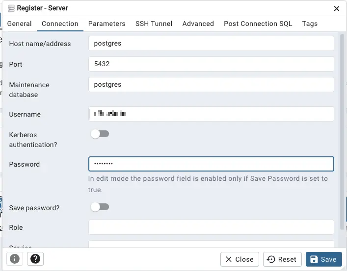pgadmin database register - connection