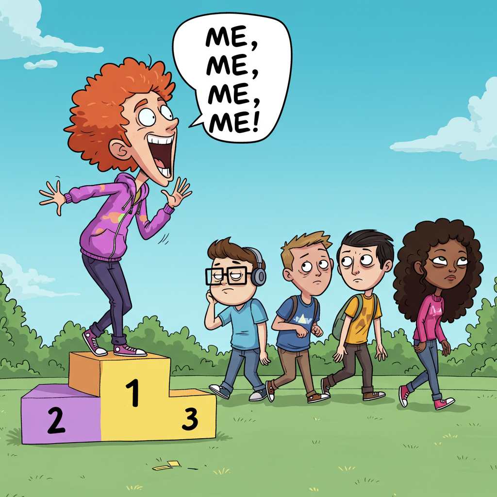 Cartoon-style illustration of a person standing on a podium shouting &ldquo;me, me, me!&rdquo; while friends look bored and walk away.