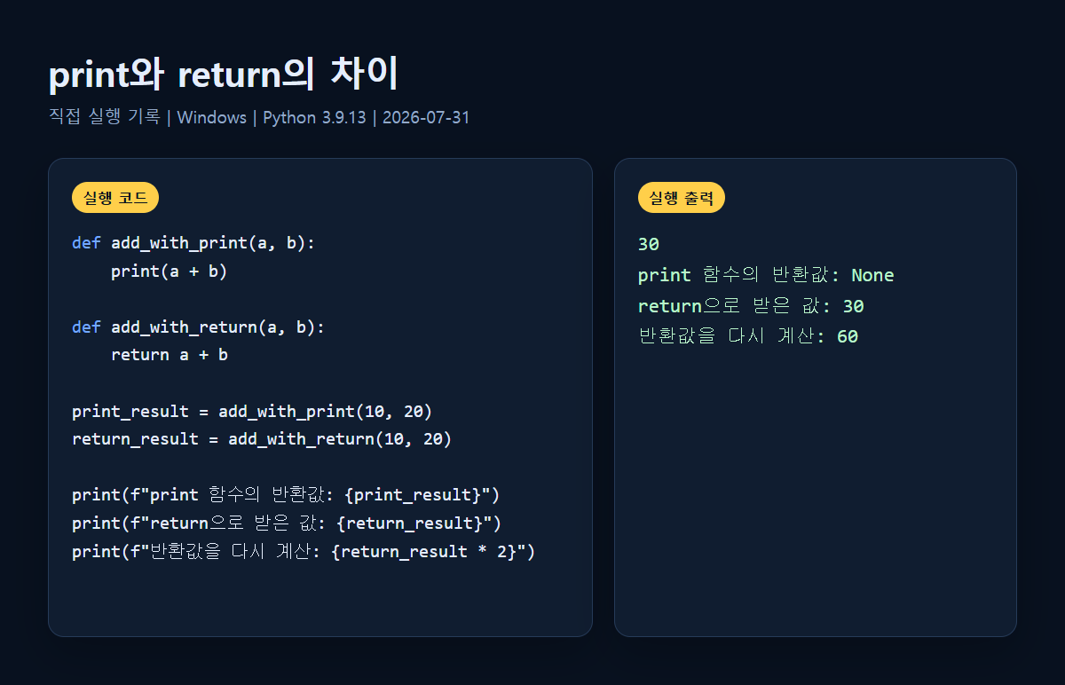 파이썬 print와 return 차이 실행 결과
