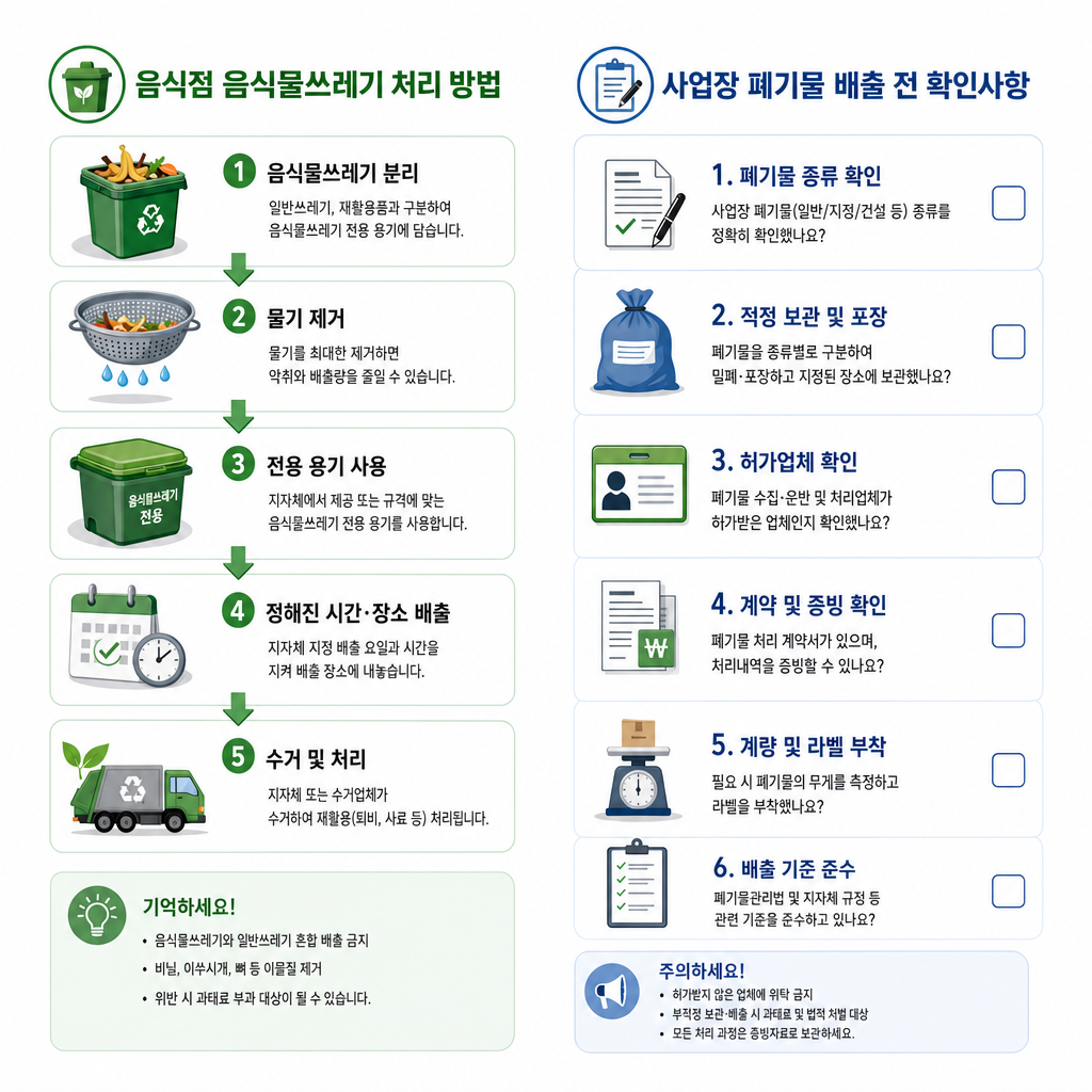 음식점 음식물쓰레기 처리 방법과 사업장 폐기물 배출 전 확인할 사항을 정리한 체크리스트 이미지