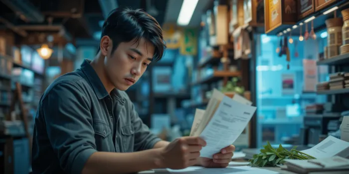 자금 정산 중인 카페 사장 모습