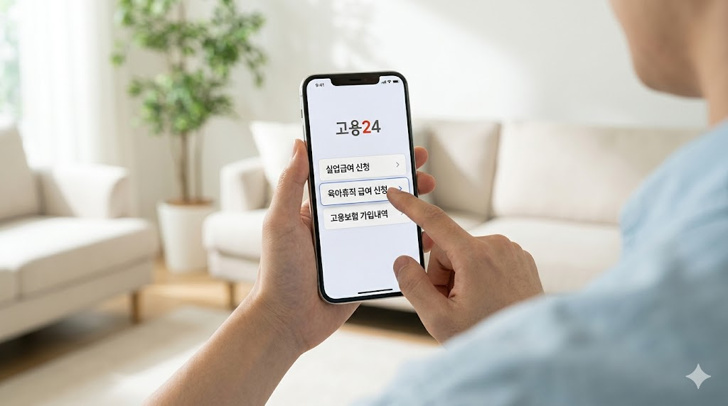 스마트폰 화면에 고용24 앱이 열려 있고, 육아휴직 급여 신청 메뉴를 선택하려는 손, 밝고 깔끔한 느낌