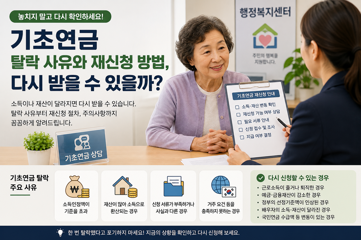 기초연금 재신청 상담을 위해 행정복지센터를 방문한 어르신