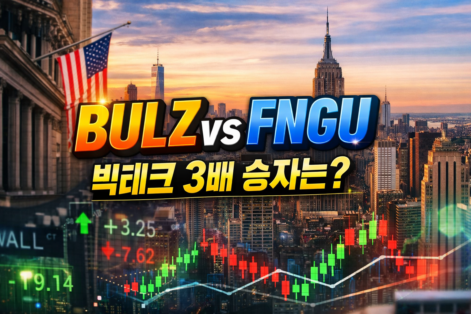 뉴욕 스카이라인과 주가 차트 배경 위에 BULZ vs FNGU, 빅테크 3배 승자는? 문구가 들어간 레버리지 ETN 비교 썸네일