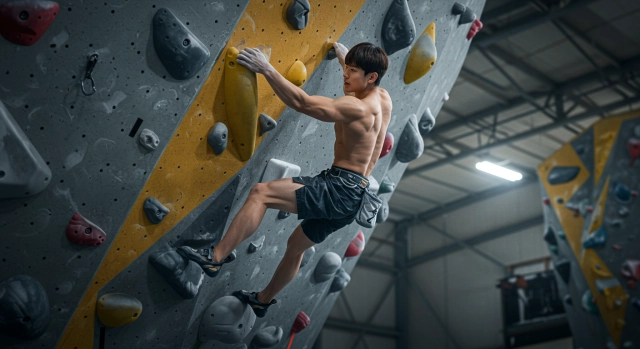 실내 암벽등반을 하는 한국인 남성