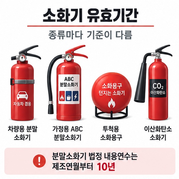 소화기 유효기간이라는 제목과 차량용 분말소화기 가정용 ABC 소화기 투척용 소화용구 이산화탄소 소화기를 함께 표현한 대표 이미지