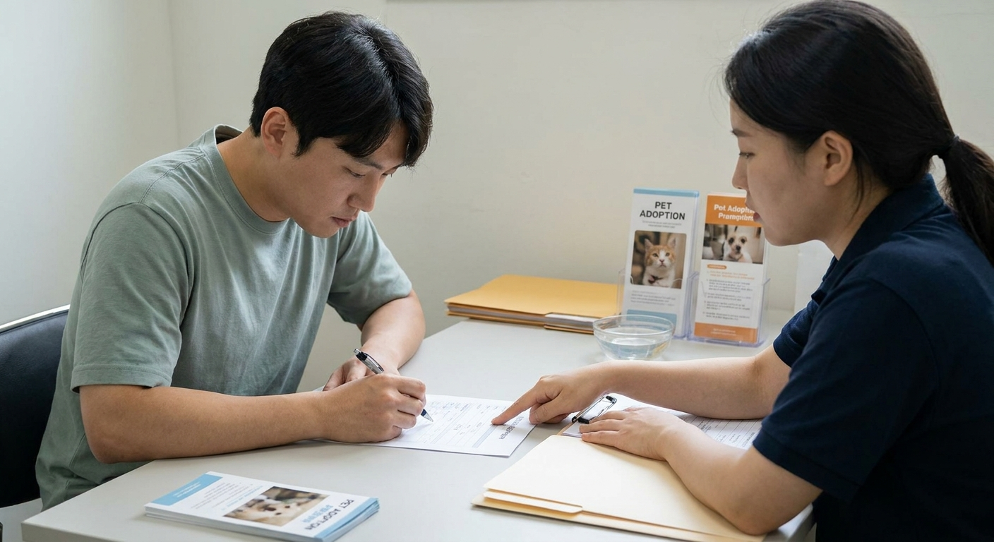 서류 작성하며 상담받는 예비 보호자