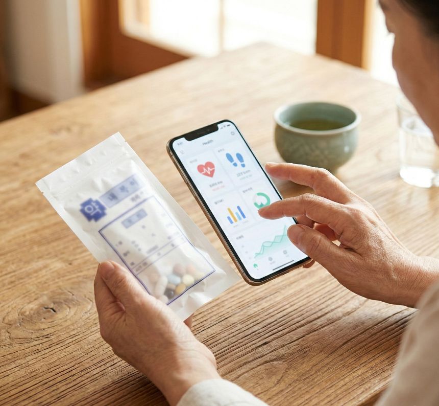 스마트폰 건강 앱을 이용해 처방받은 고지혈증 약 봉투의 성분명과 정보를 꼼꼼하게 확인하는 모습