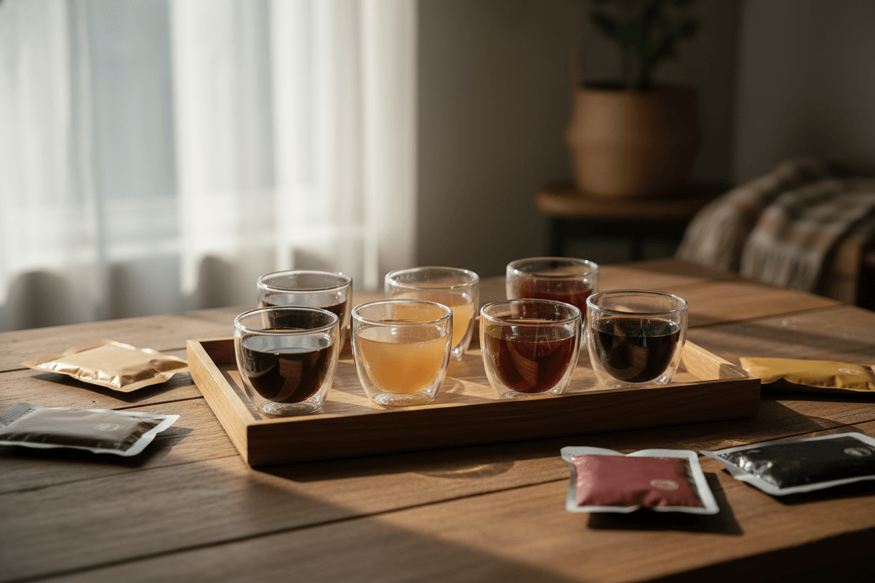 나무 트레이 위에 흑염소 진액, 배도라지즙, 석류즙, 흑마늘즙 등 여러 파우치와 작은 잔들이 가지런히 놓여 있고 창으로 환절기 햇살이 들어오는 따뜻한 이미지