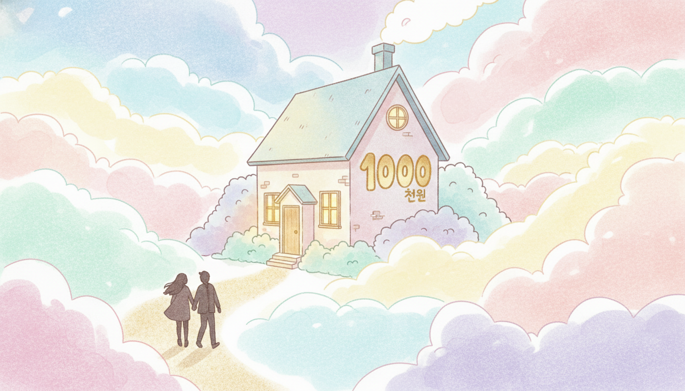 구름 위에 떠 있는 아담한 '천원의 집'이 따뜻한 빛을 내고 있으며, 신혼부부가 집을 향해 걸어가는 동화 같은 모습.