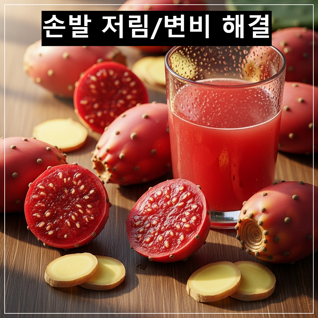 혈관 건강과 변비에 좋은 붉은색 백년초 열매와 주스 이미지