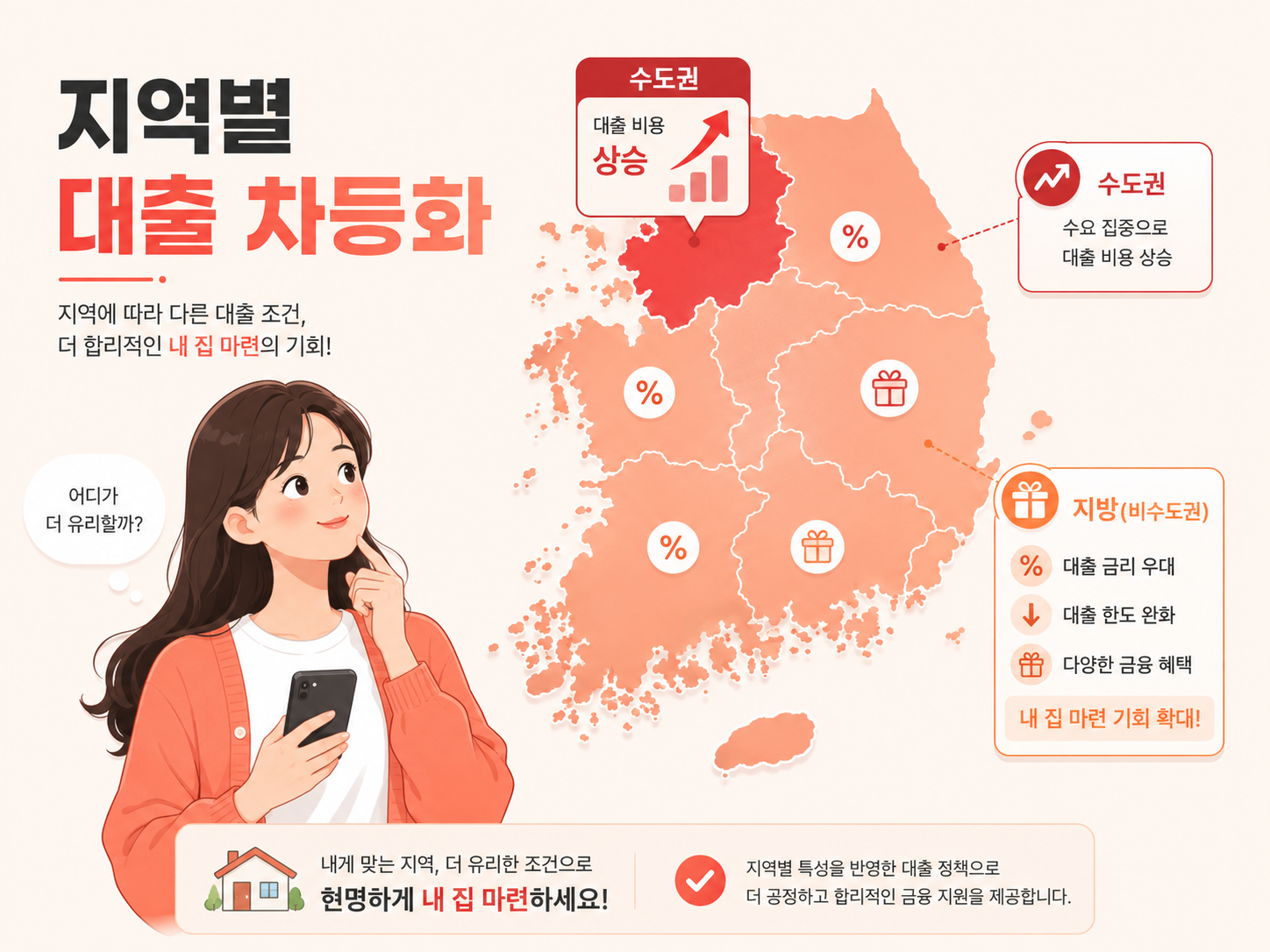 2026년 5월 수도권과 비수도권의 주택담보대출 금리 및 혜택 격차를 보여주는 대한민국 지도 인포그래픽