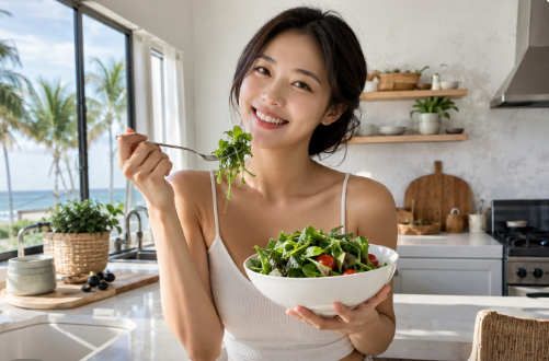 루콜라와 토마토가 풍성하게 올라간 샐러드 볼이 들려 있고, 포크로 루콜라 한 점을 집어 맛있게 먹으려는 상쾌하고 건강한 웰빙 라이프스타일