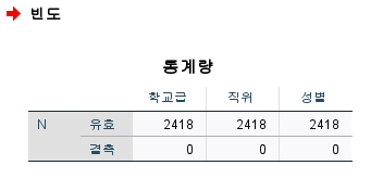 통계량: 유효값 및 결측값 확인