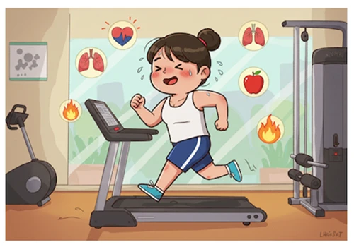러닝머신에서 꾸준히 운동하며 땀 흘리는 한국인 캐릭터의 활기찬 카툰 일러스트. 체지방 연소와 심폐지구력 향상을 상징하는 아이콘들이 있습니다.