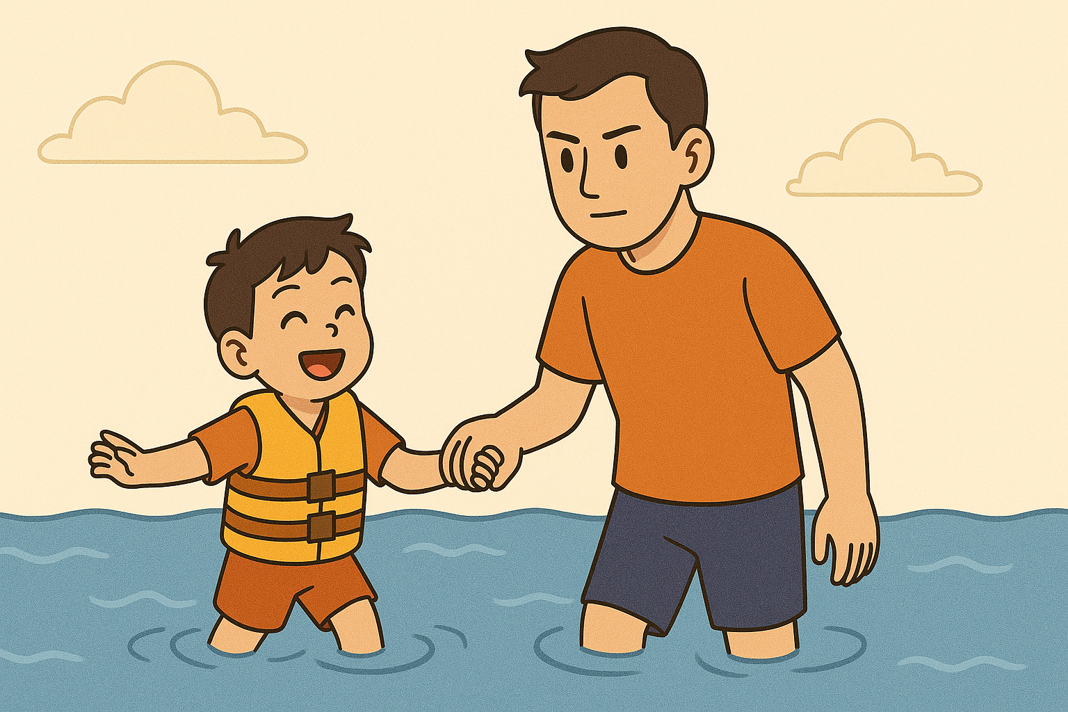 얕은 물속에서 구명조끼를 입은 아이의 손을 잡고 안전하게 놀아주는 부모 – 집중하는 표정의 어른과 즐거워하는 아이