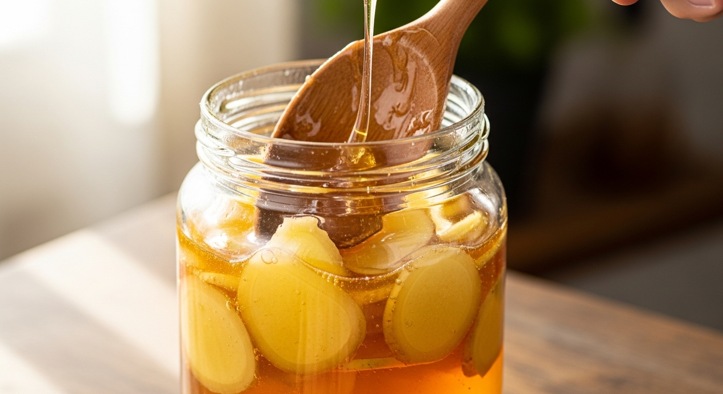꿀과 생강 편이 가득 담긴 유리병을 나무 숟가락으로 저어 섞는 모습.