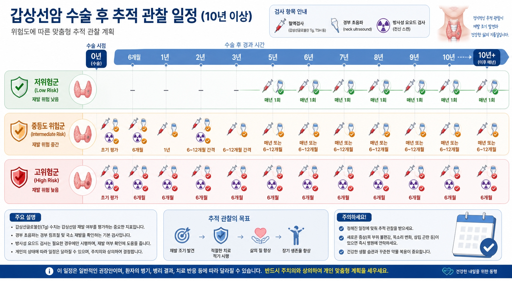갑상선암 수술 후 10년 이상 추적 관찰 일정 타임라인 인포그래픽 — 저위험군(5년차부터 매년 1회 혈액검사), 중등도 위험군(초기~2년 6~12개월 간격 혈액검사와 초음파, 이후 매년 또는 6~12개월), 고위험군(수술 직후부터 매 6개월마다 혈액검사와 초음파와 방사성요오드 스캔)을 수술 후 경과 시간별로 정리한 위험도별 맞춤형 추적 관찰 계획표