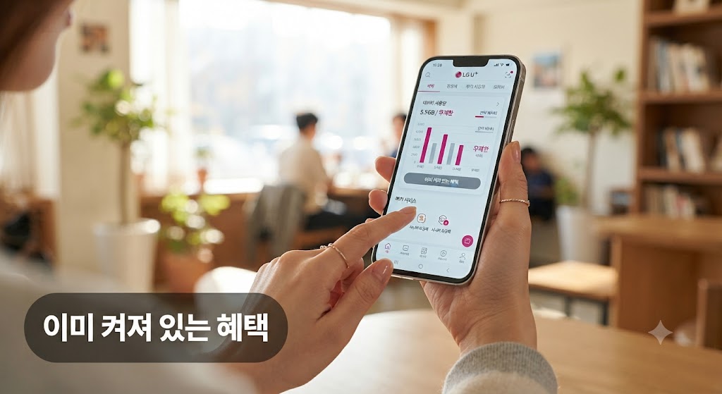 스마트폰 데이터 사용량 화면과 "이미 켜져 있는 혜택" 문구가 합성된 이미지