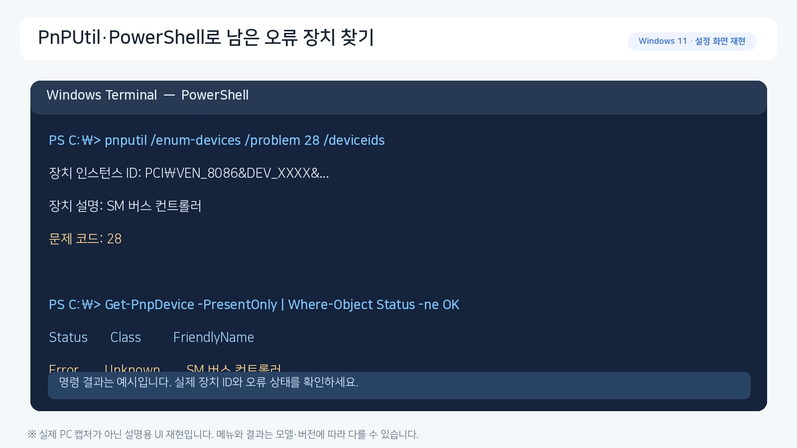 윈도우11 PnPUtil 명령어로 SM 버스 컨트롤러 코드28 드라이버 미설치 장치 확인