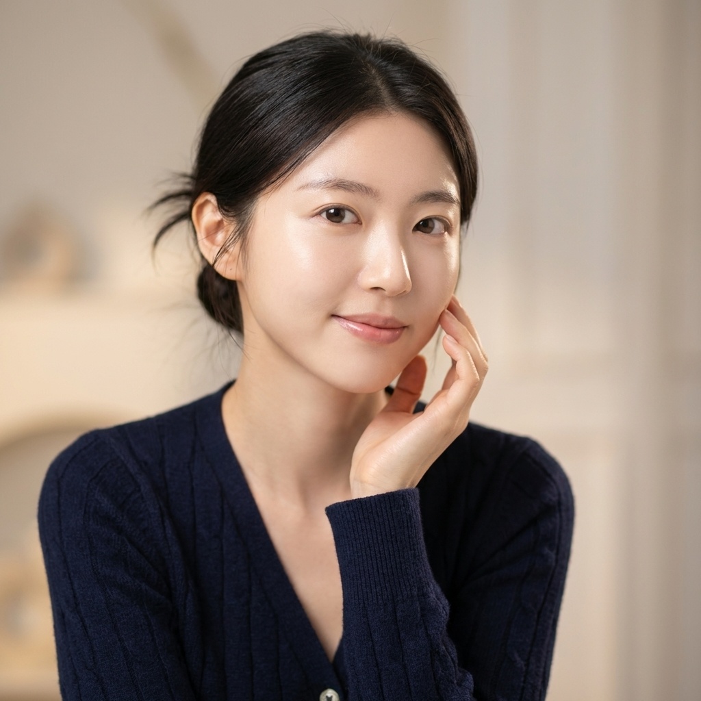 20대 후반 여성이 촉촉하고 탄력 있는 피부를 만지며 미소 짓는 모습