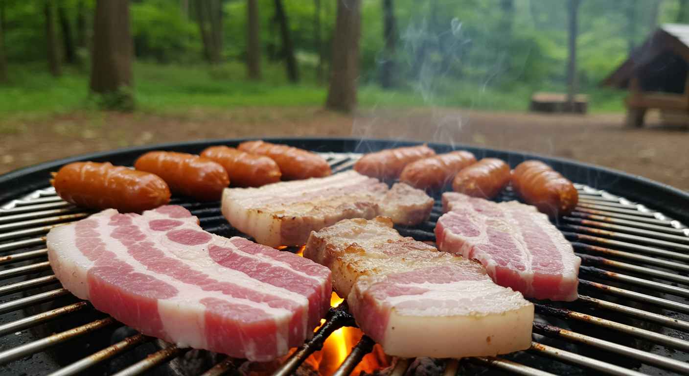 휴양림 바베큐 그릴 위에서 삼겹살과 소시지가 맛있게 익어가는 모습
