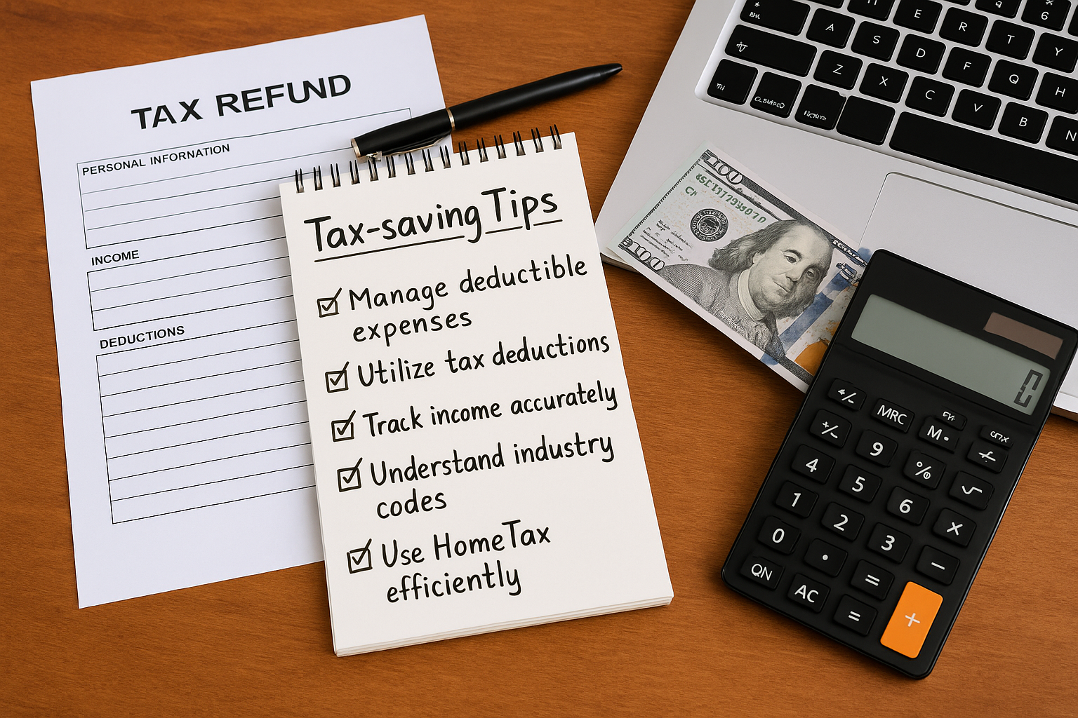 종합소득세 신고를 준비하며 서류와 전자계산기를 정리하는 중년 남성의 책상 모습