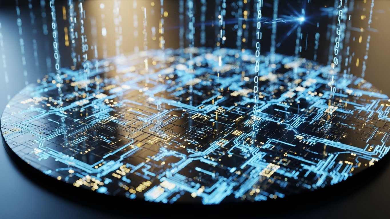 TSMC 실적 발표 로고와 화려한 반도체 웨 이퍼가 겹쳐진 하이테크 이미지