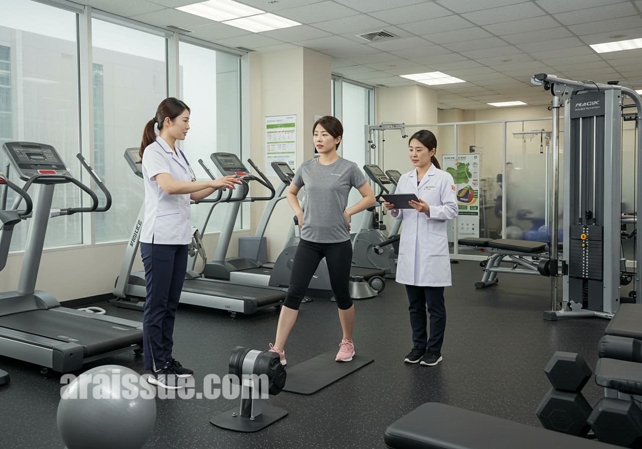 한국인 남성과 여성 두 명이 현대적인 병원 시설에서 체중 감량 프로그램을 진행하고 있다. 트레이너와 영양사가 각자의 역할을 맡아 운동과 식이요법을 지도하고 있다. 배경에는 최신 운동 기구와 테이블에 담긴 다이어트 식단 계획이 보인다.