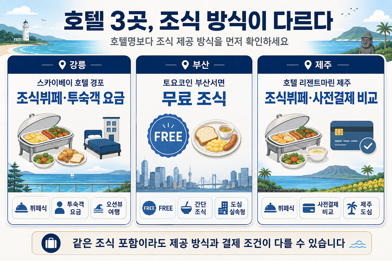 강릉 부산 제주 조식 포함 가성비 호텔 3곳의 조식 제공 방식을 비교한 이미지