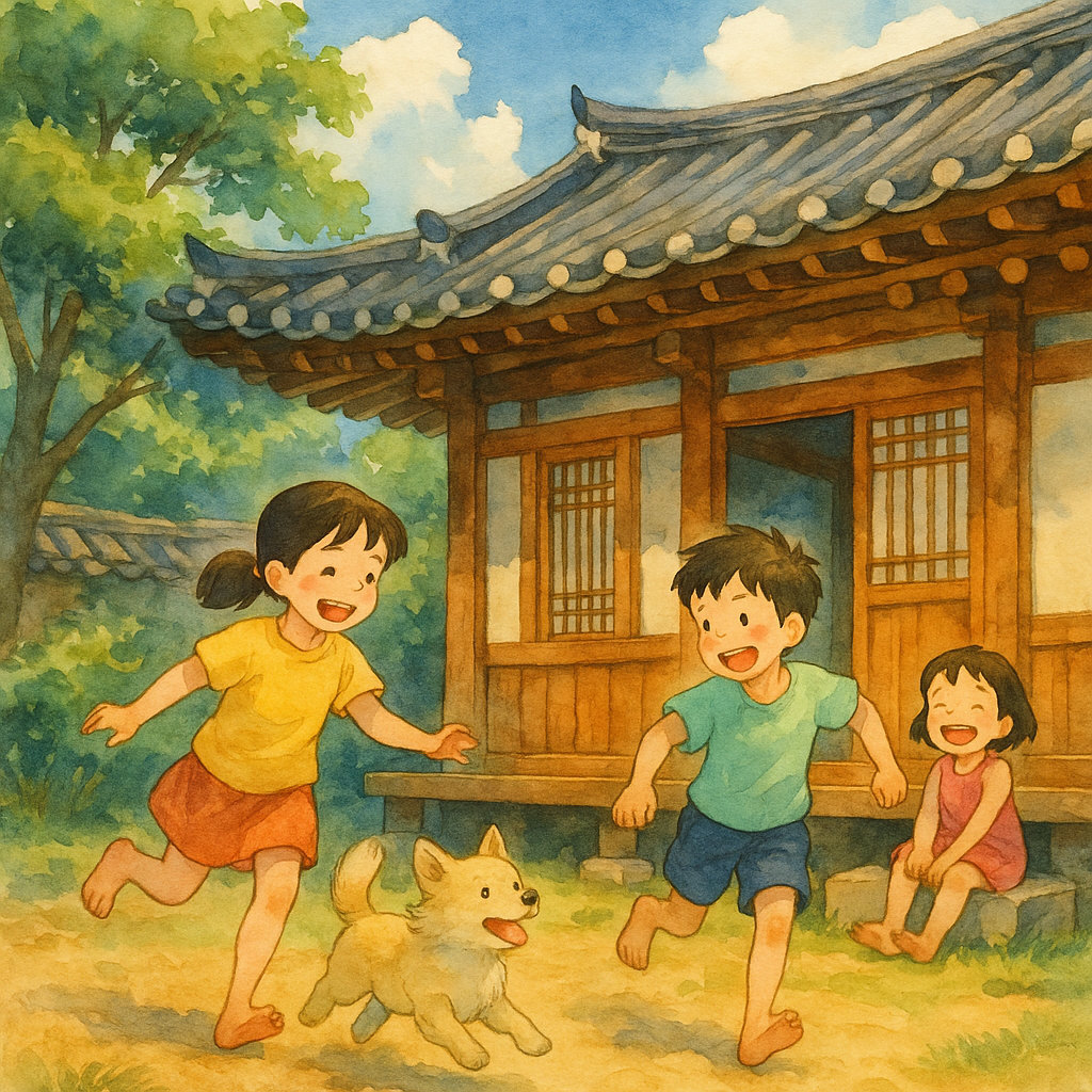 따뜻한 여름날, 한옥 마당에서 아이들과 강아지가 함께 노는 지브리 스타일 그림, 수채화 느낌, 고해상도 이미지로 생성해줘