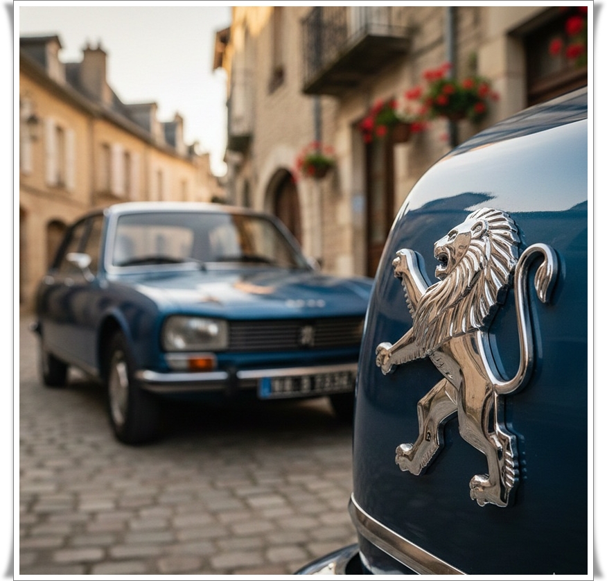 푸조의 상징적인 사자 로고와 빈티지 푸조 자동차
