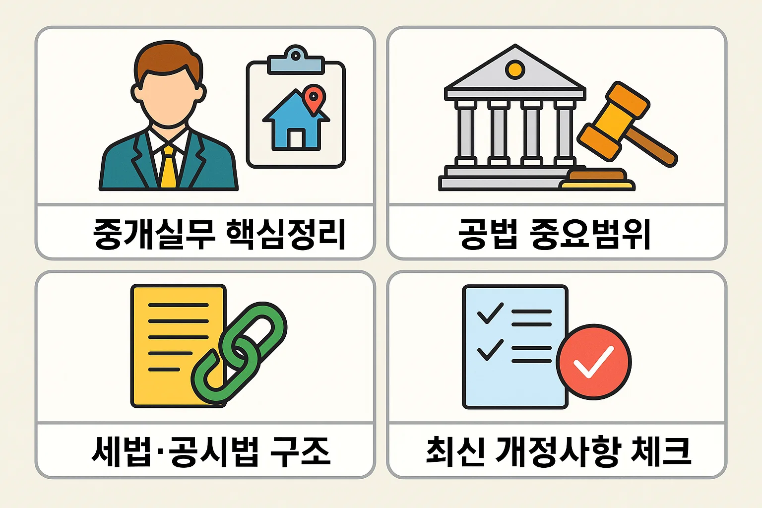 중개사법령&middot;중개실무 핵심정리, 공법의 주요범위, 세법&middot;공시법 구조, 최신 개정사항을 포함해 2025년 공인중개사 2차 시험 대비에 필요한 내용을 시각적으로 정리한 이미지