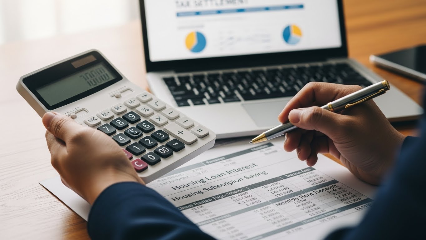 주택담보대출, 청약저축, 월세 공제를 계산하는 손과 서류