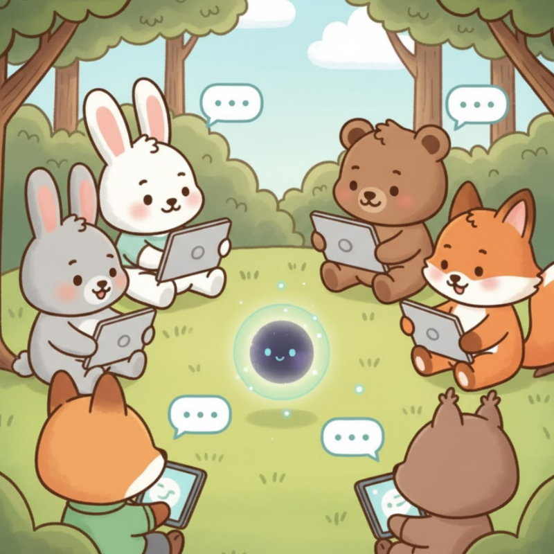 그룹채팅하는 캐릭터 표현 일러스트 이미지