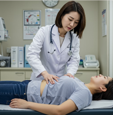 여성 의사가 맹장염 증상에 대해 진단하는 모습