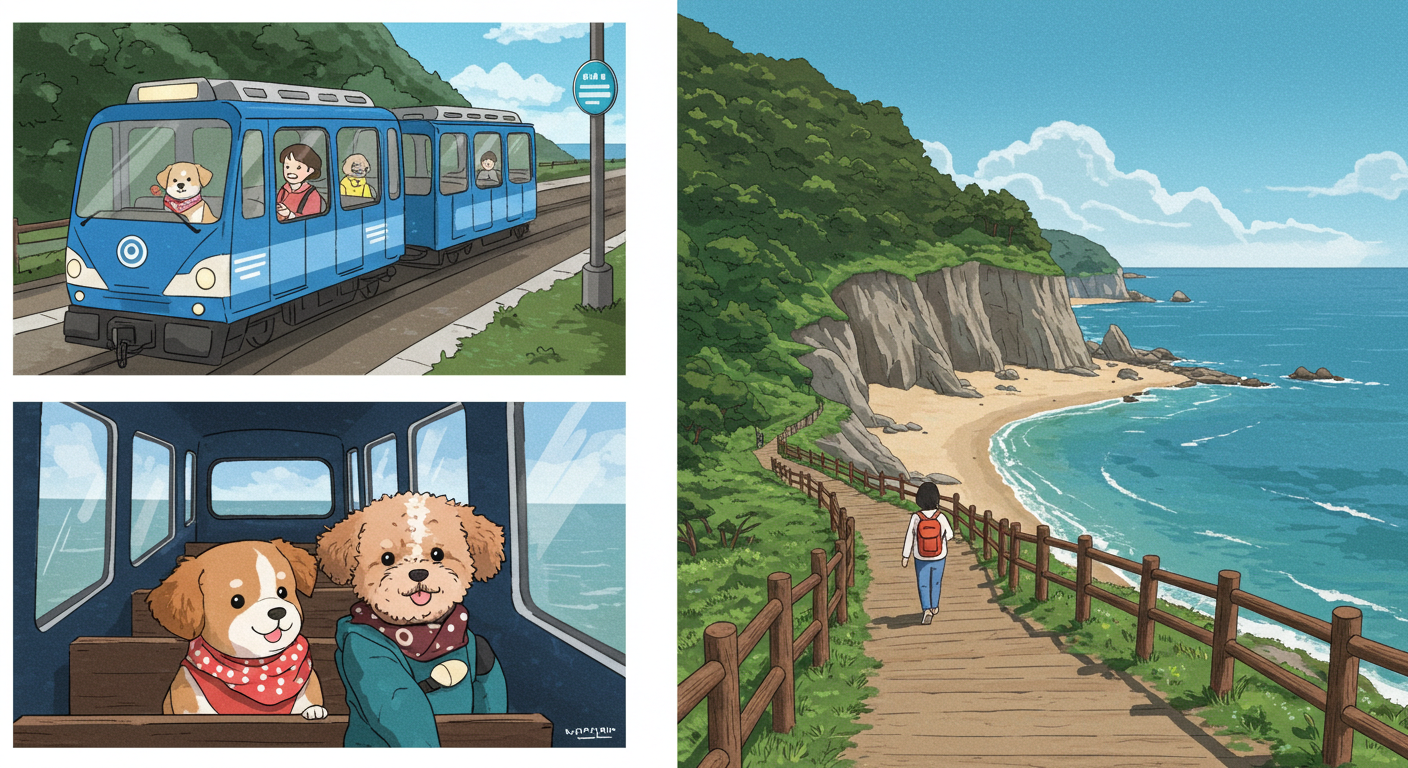 반려견과 함께 탑승 가능한 해변열차와 절경 산책로를 걷는 장면