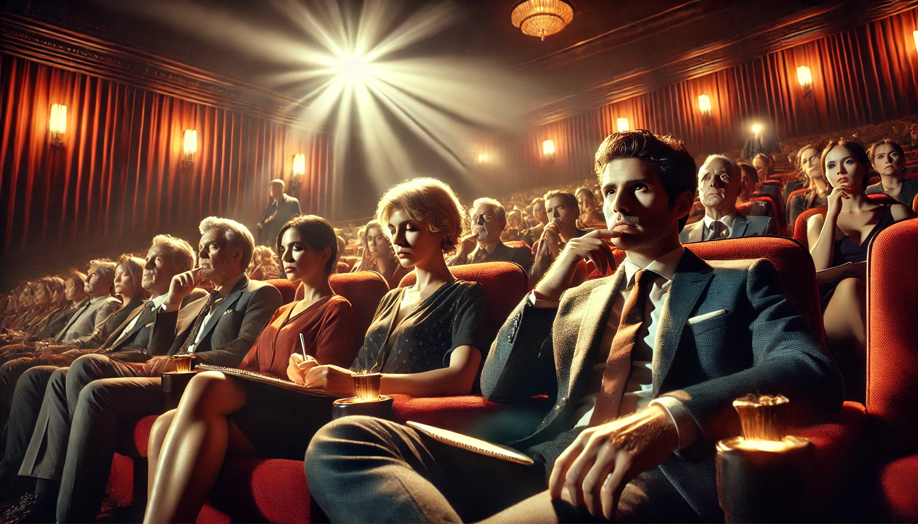 영화 평론가들이 영화관에 앉아서 영화를 감상하고 있는 사진