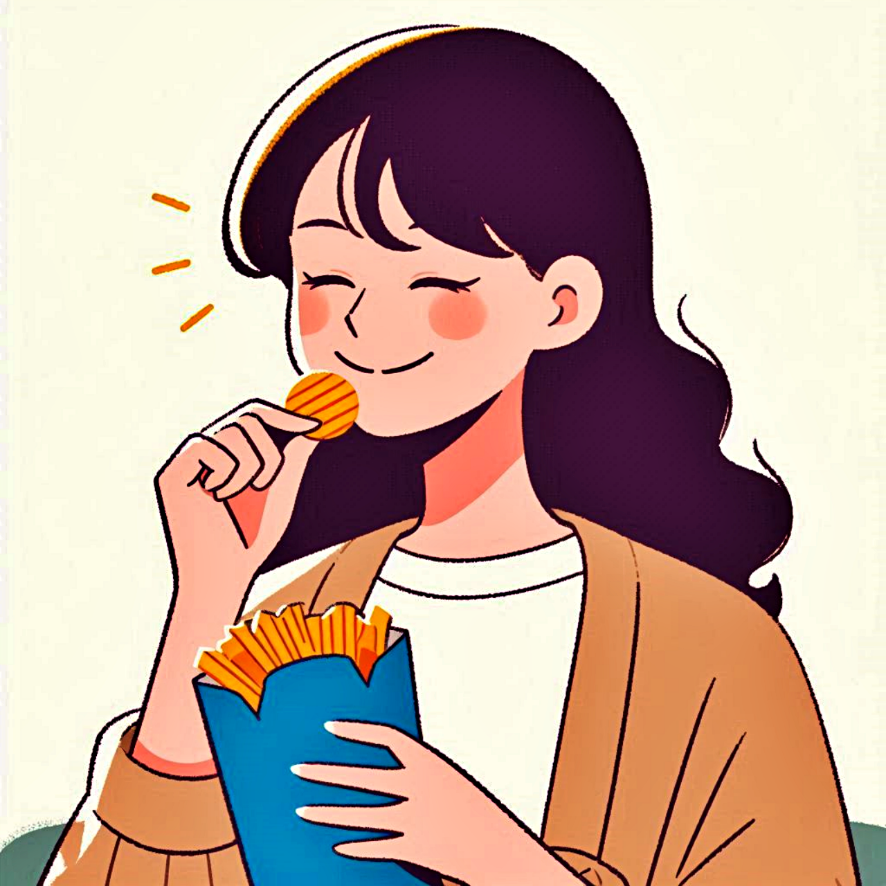 A woman enjoying snacks deliciously.