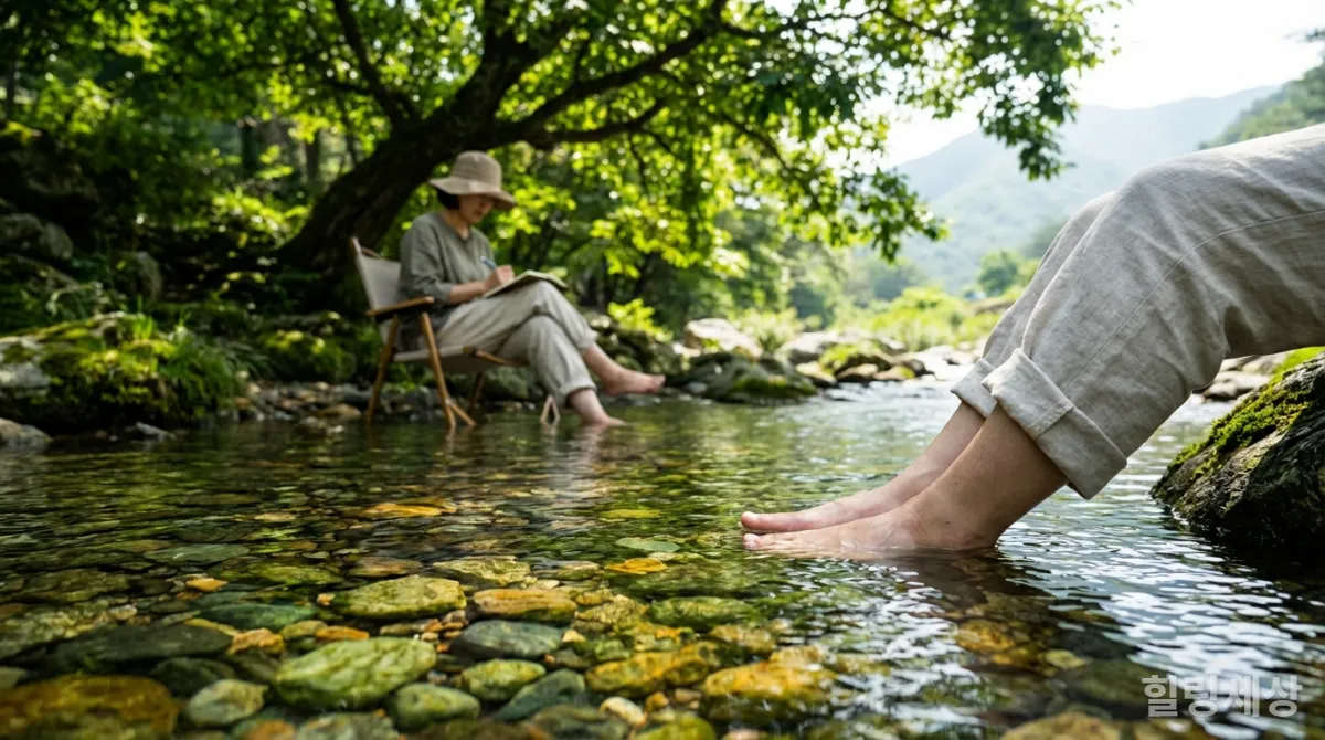 강원도 계곡물에 발을 담그고 휴식하는 모습