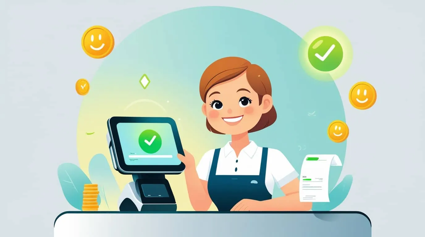 밝게 웃는 소상공인이 POS 단말기에서 현금영수증을 발급하는 모습을 담은 대표 이미지. 화면에 체크 표시와 영수증 아이콘이 떠 있으며, 현금영수증 제도의 투명성과 혜택을 상징적으로 표현함 (cash receipt, small business, tax benefits).