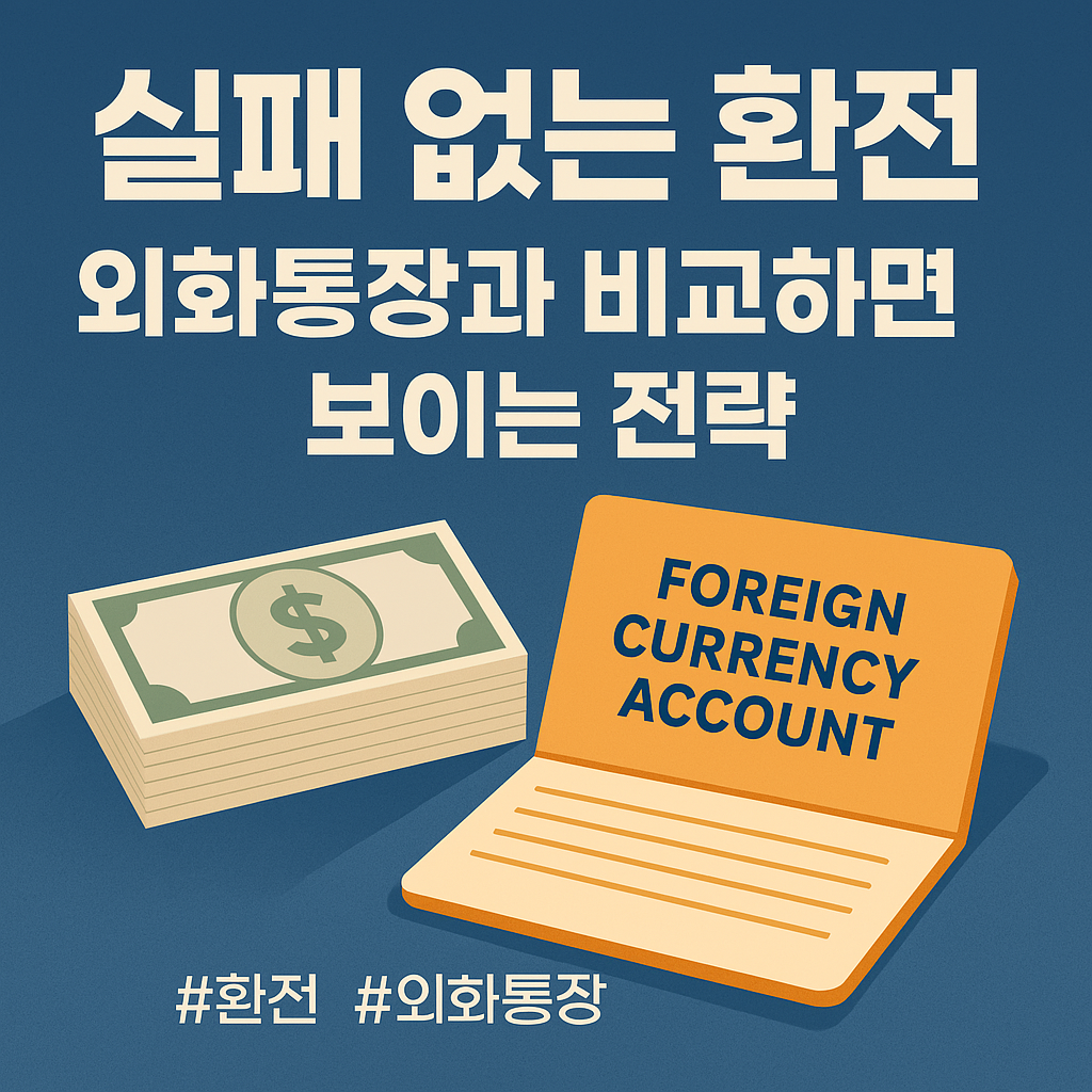 외화통장과 환전을 비교 분석하며 전략 수립을 제안하는 금융 콘텐츠 썸네일 이미지