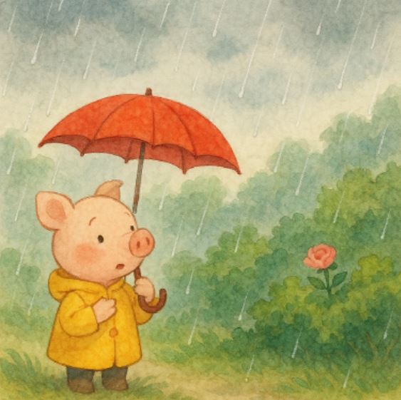 비 오는 날씨에 핑스가 빨간 우산을 들고 꽃을 바라보고 있는 장면