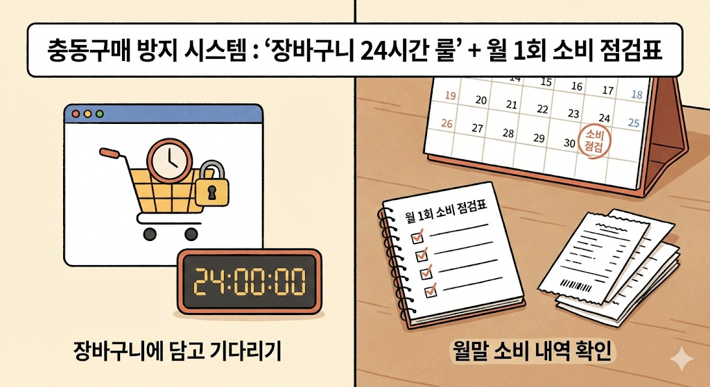 충동구매 방지 시스템: '장바구니 24시간 룰' + 월 1회 소비 점검표