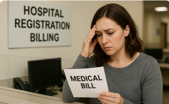 병원 접수 창구에서 의료비 청구서를 들고 걱정하는 여성