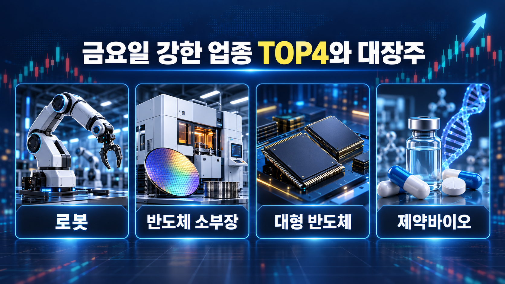금요일 강한 업종 TOP4와 대장주
로봇 &middot; 반도체 소부장 &middot; 대형 반도체 &middot; 제약바이오
